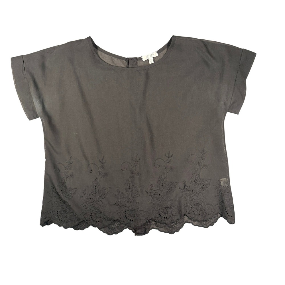 dELiA*s Embroidered Sheer Blouse Medium Womens Black Scalloped Hook Back Top